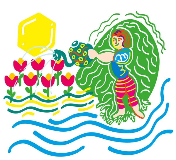 Çiçek bakımı ve sulama. Bahar kavramı. Serada çiçekli mutlu kadın bahçıvanın resmi..