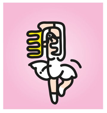 Beyaz elbiseyle dans eden çizgi film stili balerin. Dans eden kadının çizimi..