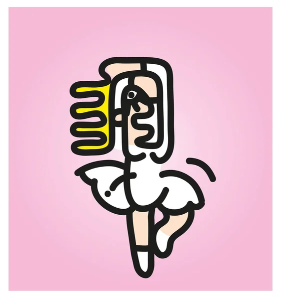 Beyaz elbiseyle dans eden çizgi film stili balerin. Dans eden kadının çizimi..