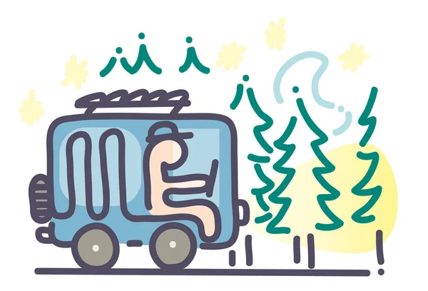 Tecknad Stil Illustration Camping Car Line Ritning Illustration Camper Van Royaltyfria Stockfoton