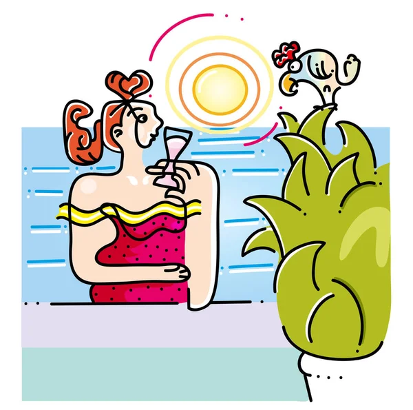 Yaz kafesinin çizgi film tarzı çizimi. Yazlık kafede bira içen mutlu kadının çizimi..