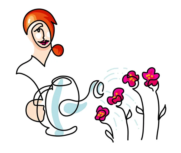 One Line Drawing Woman Watering Flowers Garden One Continuous Line — Stock Photo, Image