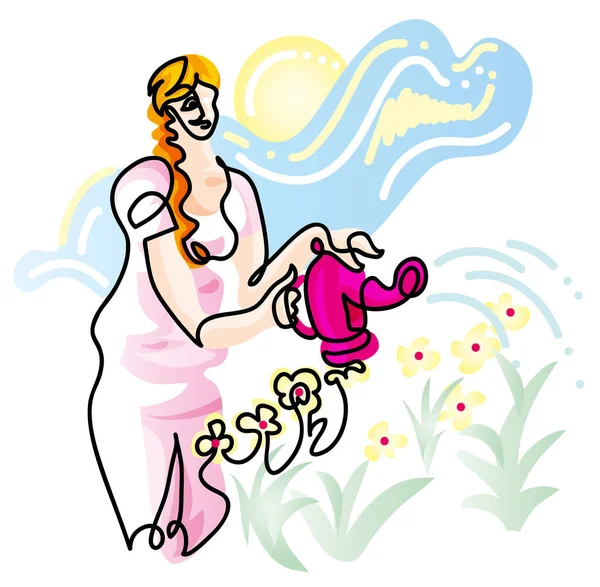 庭の女性の散水花の一本の線画 庭師の女性の一本の連続線画 — ストック写真