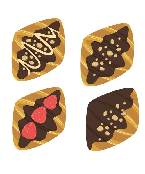 Set Croissant Csokoládé Krém Eper Gyümölcs Mogyoró Tetején Sütőipari Élelmiszer — Stock Vector