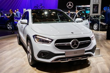 Mercedes Benz GLA car model shown at the Autosalon 2020 Motor Show. Brussels, Belgium - January 9, 2020. clipart