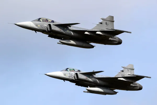 Hungarian Czech Republic Saab Jas 39C Gripen Fighter Jets Formation — Stock Photo, Image