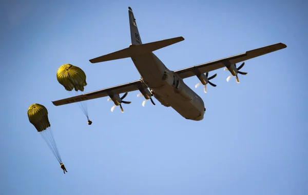 공군의 록히드 130 허큘리스 수송기에서 낙하산이 뛰어내리다 네덜란드 2019 — 스톡 사진