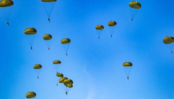 Spadochroniarze Spadochroniarze Wojskowi Skaczą Spadochronów Samolotów Sił Powietrznych Dzień Błękitnego — Zdjęcie stockowe