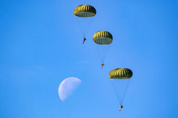 Vojenští Parašutisté Parašutisté Seskakují Letadel Vzdušných Sil Jasného Modrého Dne — Stock fotografie