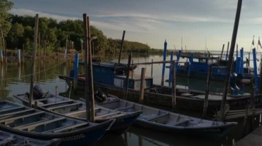 Eski iskele balıkçı köyüne park etmiş renkli ahşap balıkçı tekneleri, balıkçı tekneleri, mangrov ormanları ve su üzerinde mavi gökyüzü, Parit Jawa, Malezya