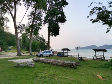 Kamp, çadır ve deniz kenarındaki kumsalın yanındaki çam ağacının altında gün batımında gökyüzü ve ufukta küçük bir ada olan bir arazi aracı. Endau, Malezya
