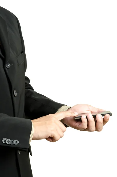 Biznesmen gospodarstwa rękę i dotknąć inteligentny telefon — Zdjęcie stockowe