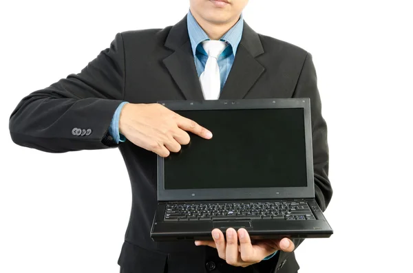 Biznesmen dotykowy wyświetlacz notebooka — Zdjęcie stockowe
