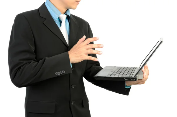 Empresario sosteniendo ordenador portátil — Foto de Stock