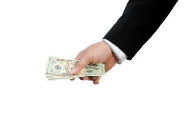 bize beyaz zemin üzerine izole dolar tutan el