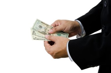 bize beyaz zemin üzerine izole dolar tutan el