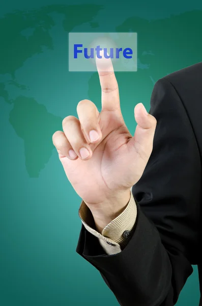Business man hand touching future button — стоковое фото
