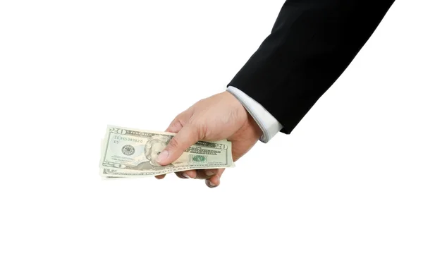 bize beyaz zemin üzerine izole dolar tutan el