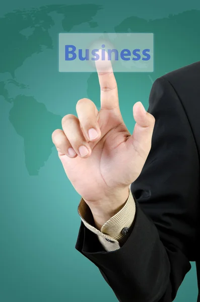 Homem de negócios mão tocando botão de negócios — Fotografia de Stock