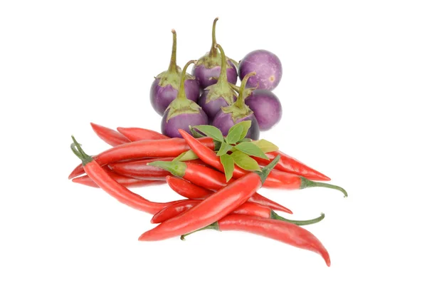 Červené chilli papričky a lilek — Stock fotografie