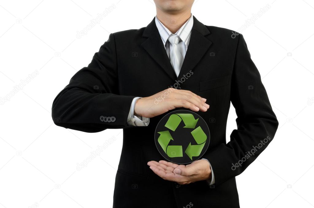 Businessman holding recycle logo concept on white background