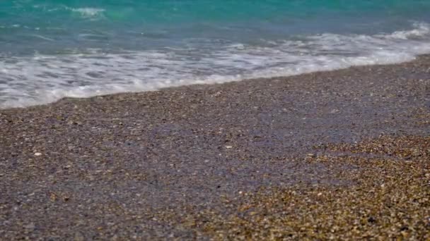 Голубое море брусчатки пляж. Селективный фокус. — стоковое видео