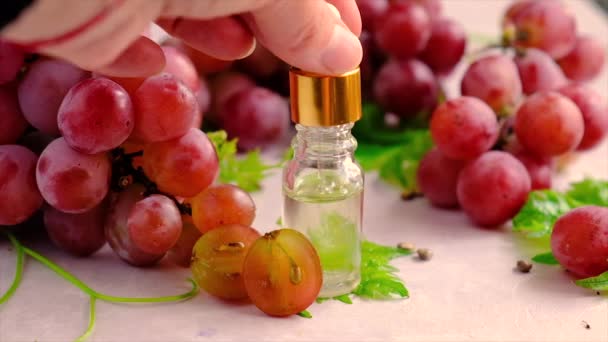 Butelka oleju z nasion winogron. Skupienie selektywne. — Wideo stockowe