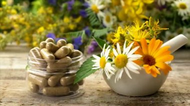 Tıbbi bitkisel özler ve diyet takviyeleri. Seçici odak.