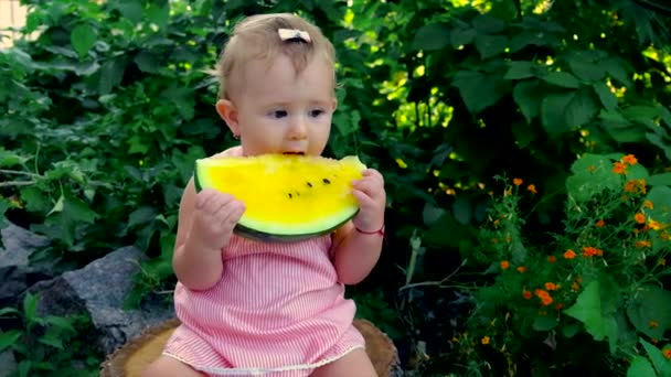 Ένα παιδί τρώει ένα κίτρινο καρπούζι στο δρόμο. Επιλεκτική εστίαση. — Αρχείο Βίντεο