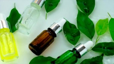 Kozmetik çay ağacı, su arka planında bir şişede. Seçici odak.