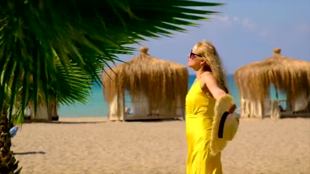 Женщина в шляпе и платье гуляет по пляжу. Селективный фокус. — стоковое видео