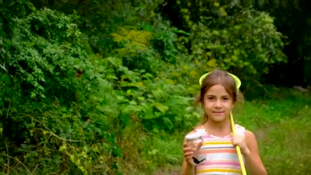 한 소녀가 나비 그물을 들고 나비를 잡는다. 선택적 초점. — 비디오