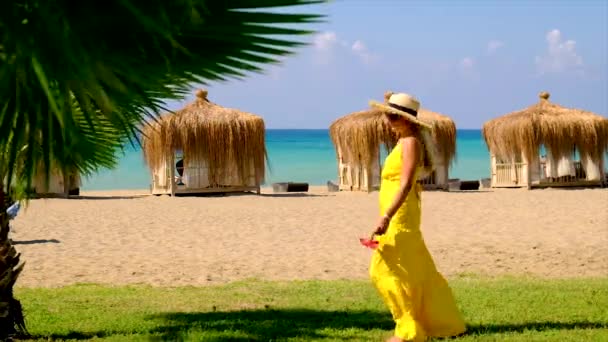 Una mujer con sombrero y vestido camina por la playa. Enfoque selectivo. — Vídeos de Stock