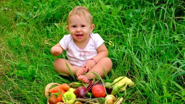 Hasatın elinde sebzeli bir çocuk. Seçici odak. — Stok video