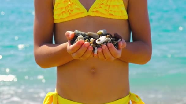 Uma criança brinca com pedras na praia. Foco seletivo. — Vídeo de Stock