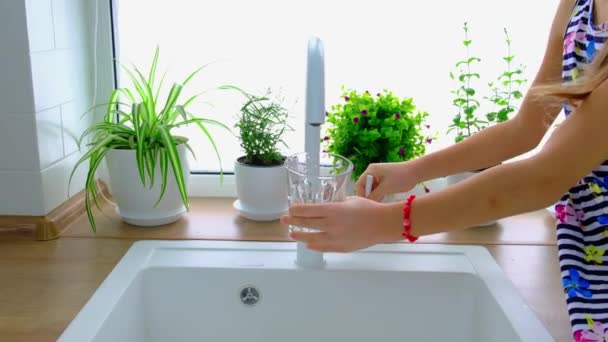 The child collects a glass of water from the tap. Selective focus. — Stock Video