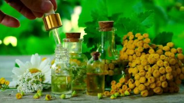 Küçük bir şişede bitkisel özü. Seçici odak.