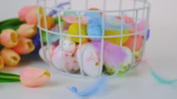 Beautiful Easter background with eggs. Selective focus. — Stock Video