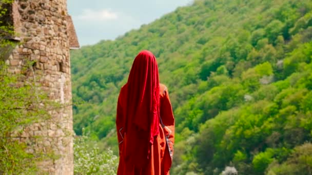 Ein Mädchen in einem nationalen georgischen roten Kleid tanzt. Selektiver Fokus. — Stockvideo