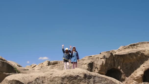 Children Conquered Mountain Top Selective Focus Nature — Stock Video