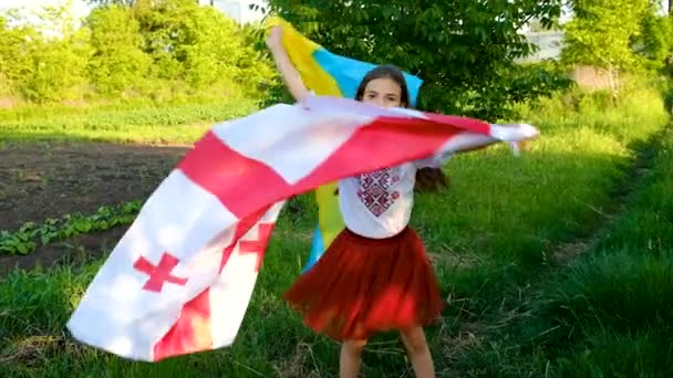愛国者の子供ウクライナの旗とグルジア 選択的フォーカス 子供よ — ストック動画