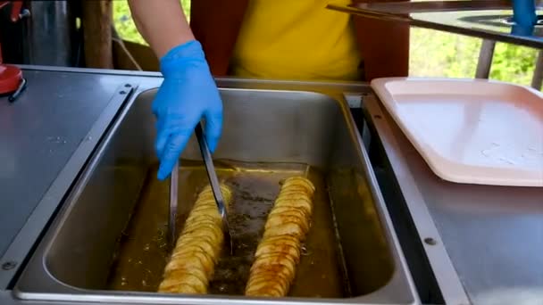 Patatas Fritas Espiral Cocina Enfoque Selectivo Comida — Vídeo de stock