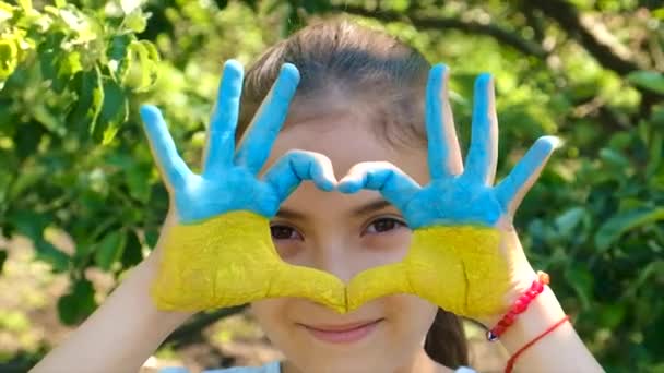 Украинский Флаг Нарисован Руках Ребенка Выборочный Фокус Лето — стоковое видео