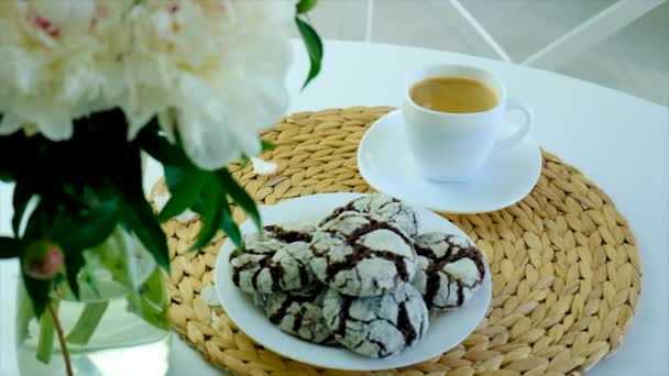Ciasteczka Kawa Śniadanie Selektywne Skupienie Żywność — Wideo stockowe