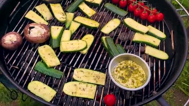 Verdure Carne Barbecue Concentrazione Selettiva Alimenti — Video Stock
