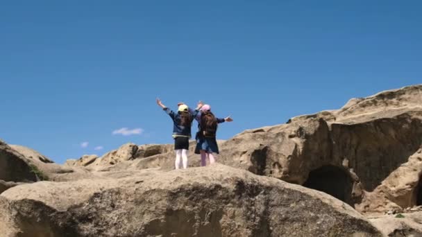 Дети Покорили Гору Вершине Выборочный Фокус Природа — стоковое видео