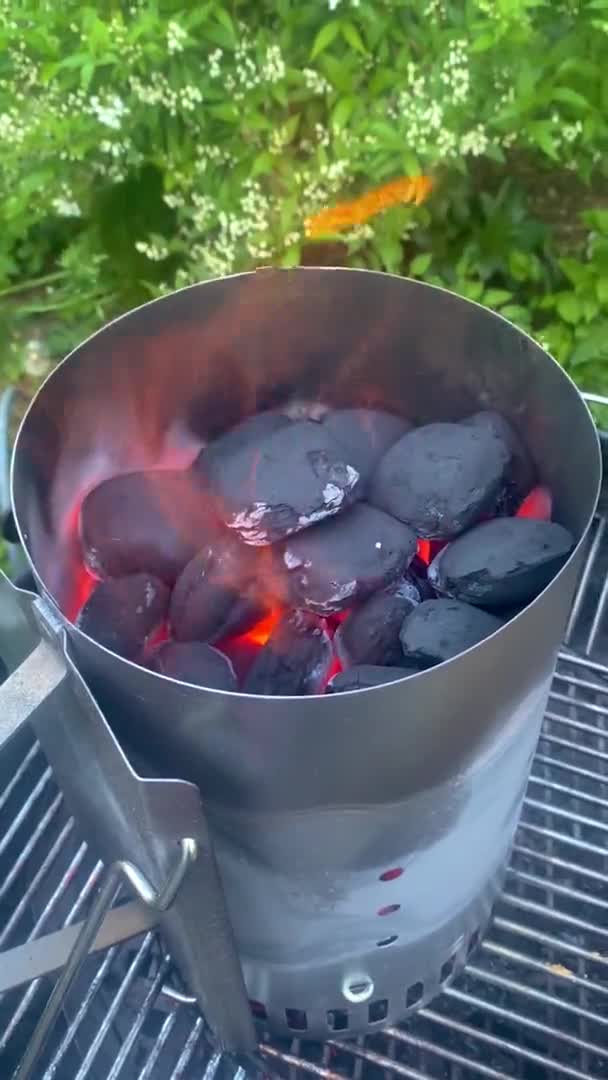 Les Charbons Barbecue Sont Feu Concentration Sélective Vertical — Video