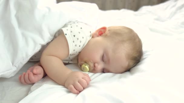 Baby Sleeps Crib Selective Focus Kid — Stock Video