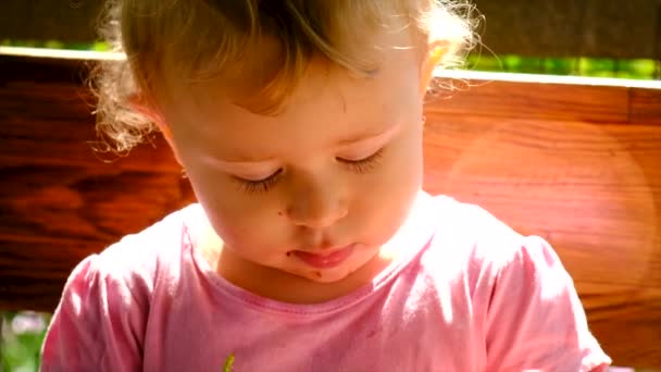Παιδί Τρώει Κεράσια Στον Κήπο Επιλεκτική Εστίαση Τρόφιμα — Αρχείο Βίντεο