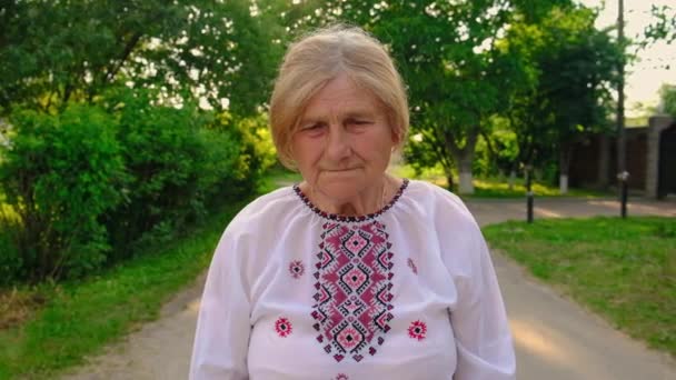 Babcia Ukraińskich Haftowanych Ubraniach Wybiórcze Skupienie Przyroda — Wideo stockowe